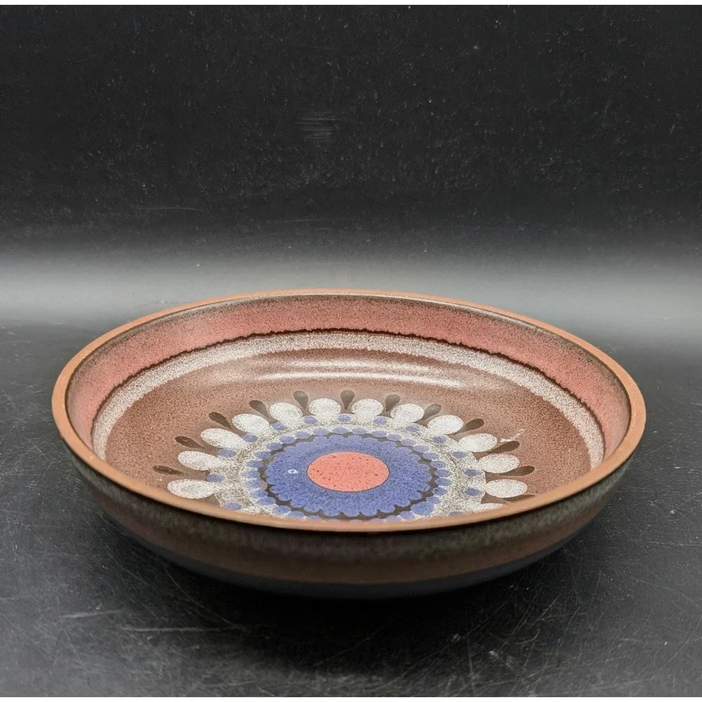 Mid Century Modern Studio Pottery Sunburst Mandala Bowl Brown Blue Red 8 inch